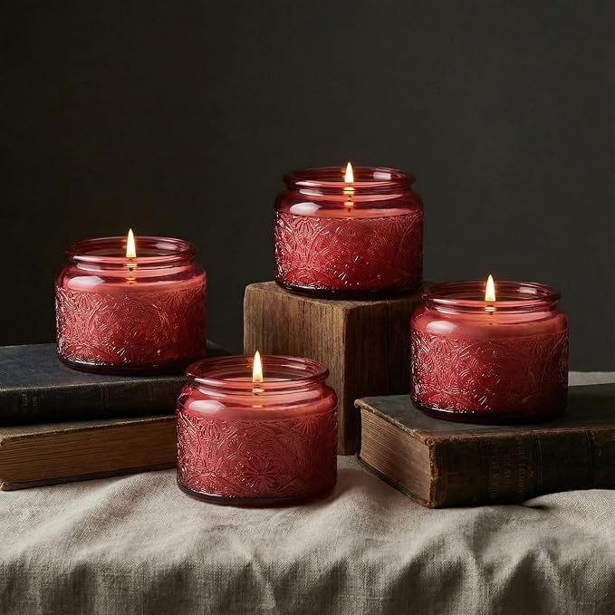 4 oz Red Mandala Glass Candle Jars with Bamboo Lids, 18 Pack | Patented Embossed Design, Includes Wick Centering Devices & Warning Labels, Multiple Color Options