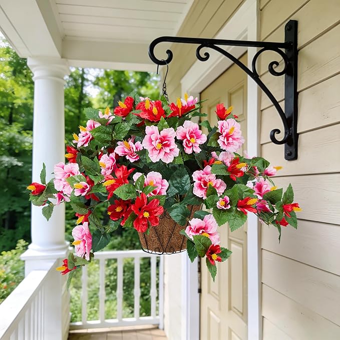 Inxugao Artificial Flowers for Outdoors Indoors,3 Bunches Fake Hibiscus with Hanging Basket Foam Realistic UV Resistant Silk Flower Leaves,Faux Plant for Outside Home Patio Garden Poch Decor(Red,Pink)