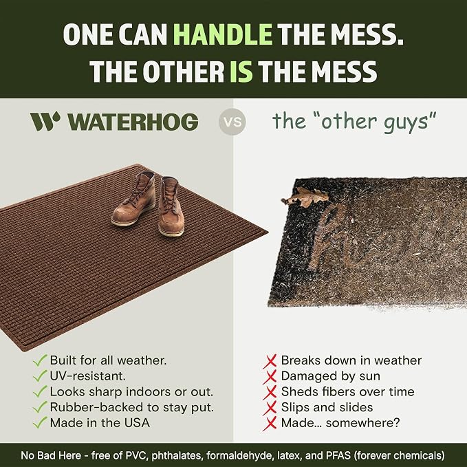 WaterHog Squares Front Door Mat Indoor Outdoor Entrance, Absorbent All-Weather Doormat with Non-Slip Rubber Backing, Dirt & Moisture Trapper, Low Profile, Easy Clean, Made in USA, 45.5"x70" Dark Brown