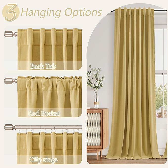 Guken 100% Blackout Curtains 102 Inch Length 2 Panels Set for Living Room Bedroom Back Tab Thermal Insulated Black Out Linen Drapes Room Darkening Window Curtains Gold 52x102