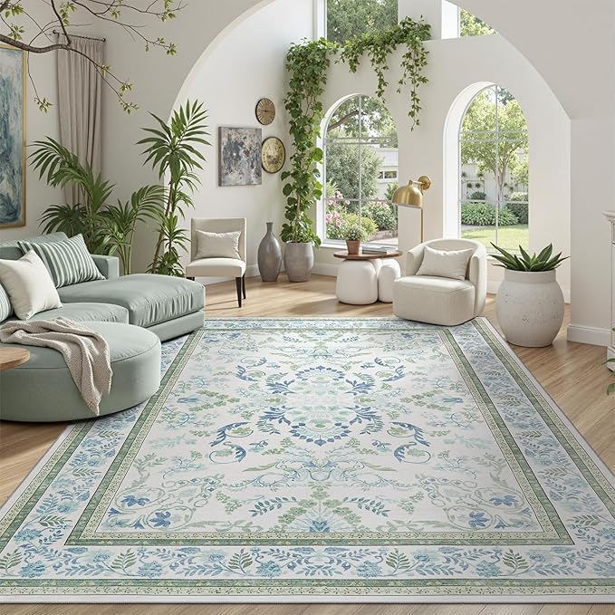 DCX Green 9x12 Rug, Kid & Pet Friendly with Rubber Back Non Slip, Machine Washable Stain Resistant Botanical Floral Rug for Living Room, Bedroom, Soft Low Pile Large Nursery Carpet