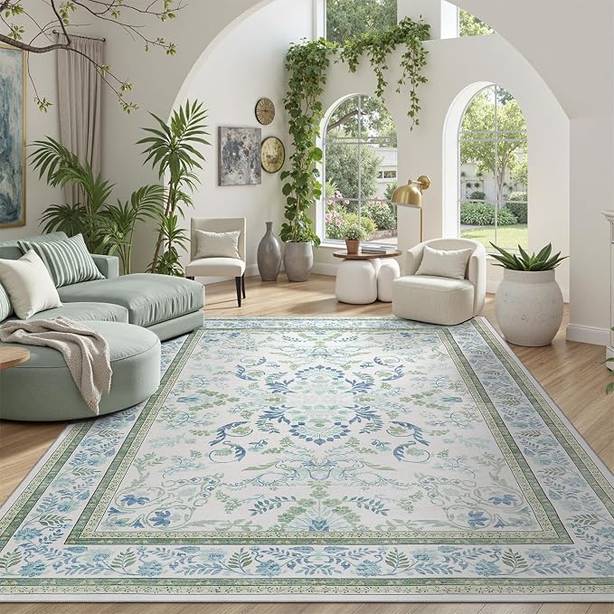 DCX Green 4x6 Rug, Kid & Pet Friendly with Rubber Back Non Slip, Machine Washable Stain Resistant Botanical Floral Rug for Living Room, Bedroom, Soft Low Pile Large Nursery Carpet