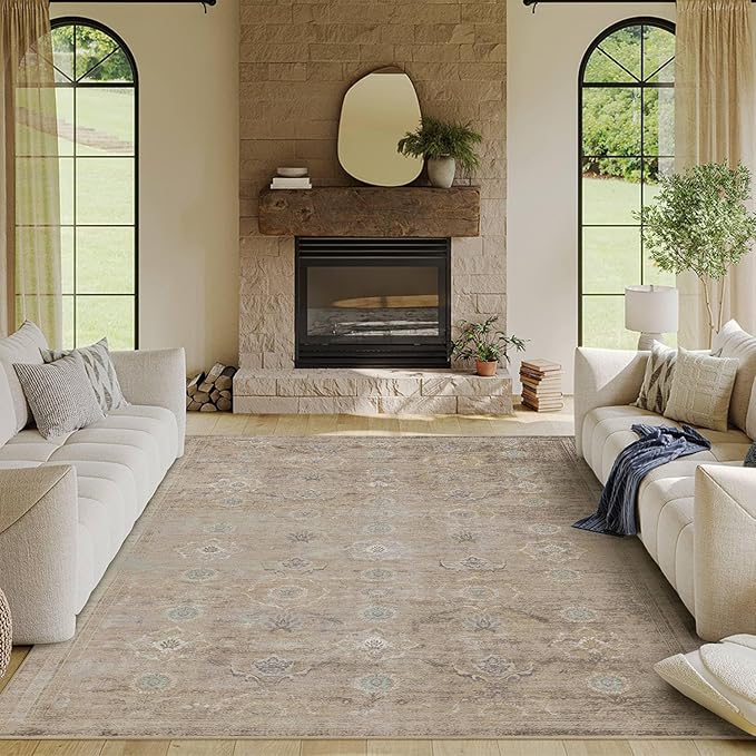 Rugxara 6x9 Area Rugs for Living Room Bedroom, Large Washable Rug, Beige Vintage Retro Boho Rug, Non Slip & Low Pile Faux Wool Thin Carpet for Indoor Dining Room and Kids Room(Beige 6x9ft)