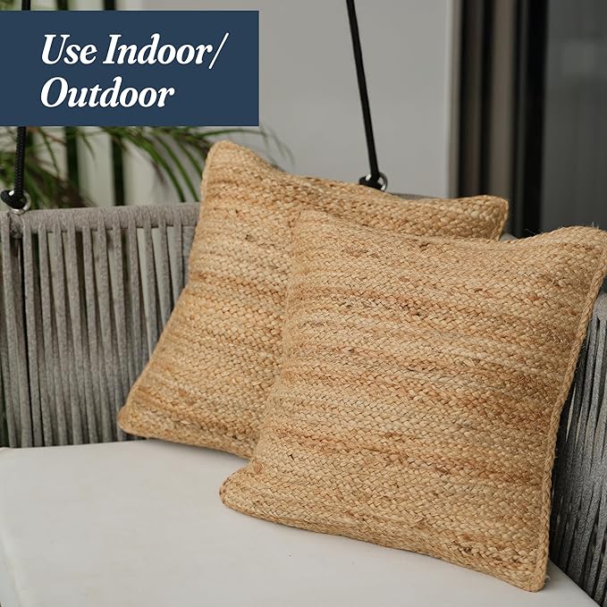 The Fine Living Co. Jute Pillow Covers 18x18 Set of 2, Braided Jute Throw Pillows, Indoor Outdoor Boho & Farmhouse Decor, Natural Decorative Cushion Covers for Couch, Living Room & Patio
