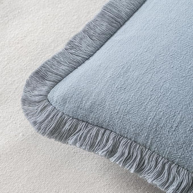 MIULEE Decorative Throw Pillow Covers Neutral Linen Fringe Throw Pillows Euro Shams Set of 2 Light Blue Boho Farmhouse Cushion Covers for Couch Sofa Bed Living Room Spring Home Decor 22x22 Inch