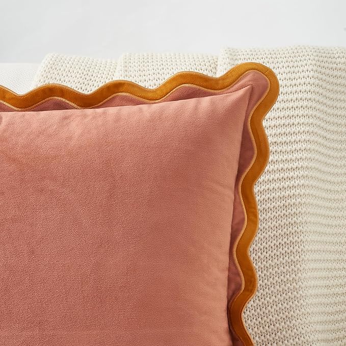 MONDAY MOOSE Decorative Throw Pillow Covers Cushion Cases, Set of 2 Soft Velvet Scalloped Wavy Edge Designs, Mix and Match for Home Decor, Pillow Inserts Not Included (18x18 inch, Pink/Honey)