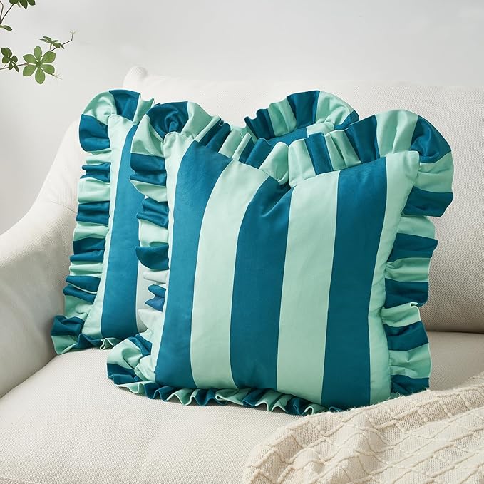 MONDAY MOOSE Decorative Throw Pillow Covers, Set of 2 Water-Resistant Striped Design with Ruffle Edge for Outdoor/Indoor Use, Pillow Inserts Not Included (16x16 inch, Blue/Light Blue)