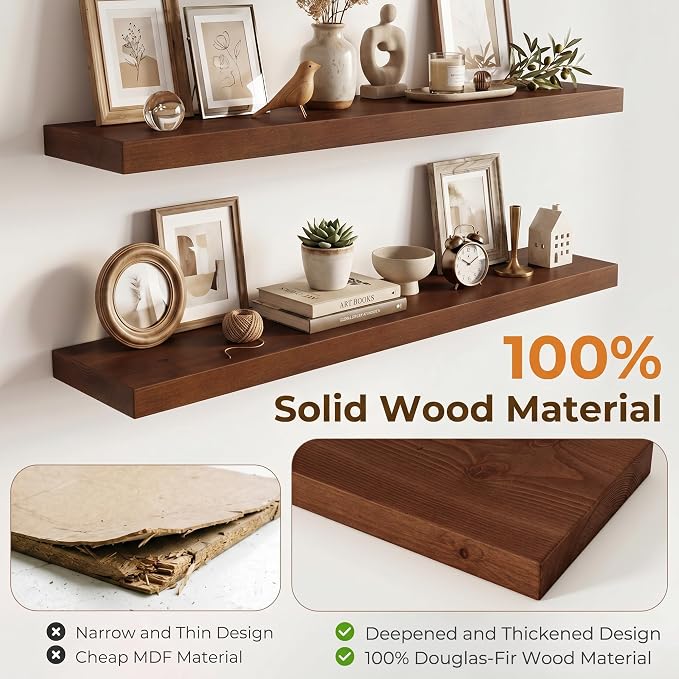 72 inch Floating Shelves for Wall, High End Solid Real Wood Floating Shelf with Heavy Duty Invisible Bracket 72in Long Wooden Wall Shelves for Living Room, Bedroom, Kitchen, Bathroom, Set of 1, Walnut