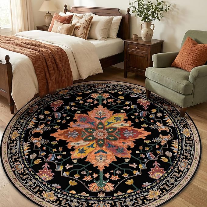RELEANY Area Rugs 6ft Washable Non-Slip, Floral Vintage Distress Print Pattern Medallion Carpet for Living Room Bedroom Dining Room, Black Colorful Floral Dark Tan