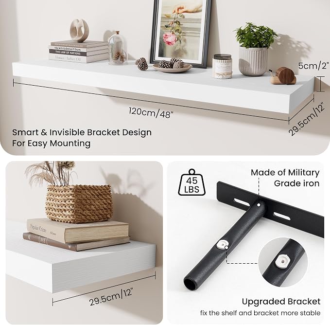 Fun Memories 48 Inch Floating Shelves for Wall - 12 Inch Deep Fireplace Mantel Shelf - Wood Floating Shelf for Wall - Large Storage Shelves Wall Mount for Living Room & Bedroom - White - Set of 1