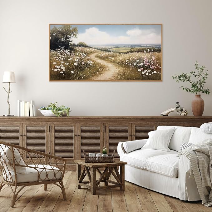 Rantodecor Rustic French Country Framed Canvas Wall Art, Vintage Flower Field Wall Decor, Calming Nature Landscape Art Paintings, Modern Wildflower Artwork for Farmhouse Bedroom Living Room 40"x20"
