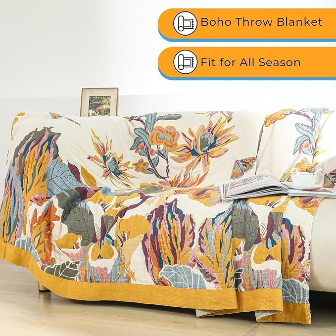 Boho Throw Blanket,Organic Cotton Ultra Soft Muslin Throw for Couch and Bed 50" x 60", Sofa Cover for Living Room Cozy Skin-Friendly Blankets,All Season Rustic Reversible Vintage Throw - Yellow