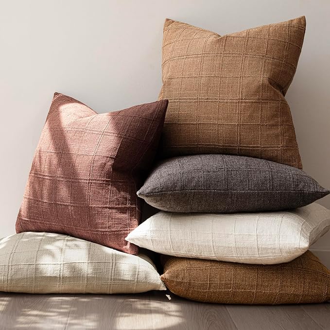 Foindtower Set of 2 Decorative Linen Check Throw Pillow Covers Neutral Farmhouse Vintage Cushion Covers Cozy Modern Boho Home Decor for Sofa Chair Couch Bedroom Living Room,14×36 Inch,Autumnal Red