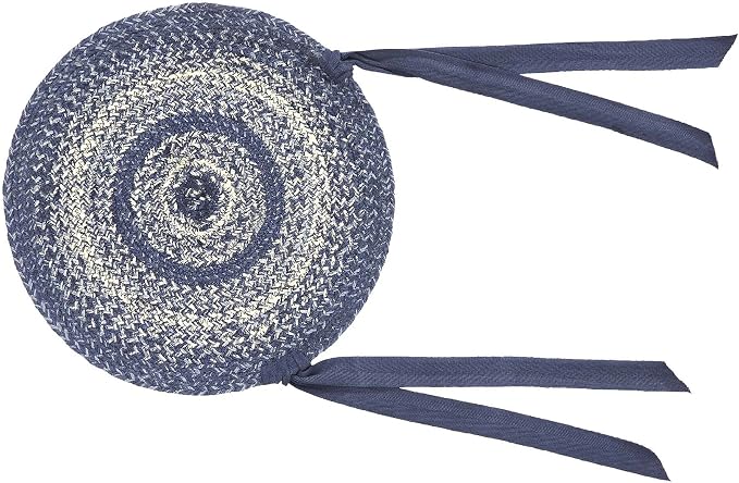 VHC Brands Great Falls Blue Round Seat Cushion Chair Pad, Blue White, Jute Blend with Ties, Set of 2, 15x15 Inches