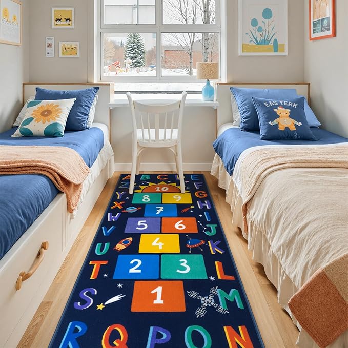 STARUIA Washable Hopscotch Kids Rugs for Playroom, Colorful Educational Classroom Rug with ABC Number, Non Slip Boy Kids Play Mat Rug Space Game Carpet for Bedroom Daycare（Dark Blue, 31.5''x72''）