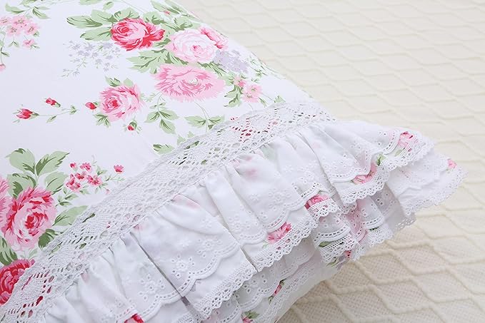 2-Pack Rose Floral Print Pillow Shams with Lace Ruffles Shabby Chic Queen Size Pillowcases 20 x 30 Country Vintage Style
