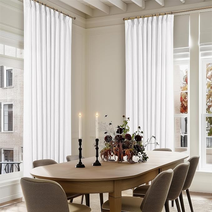TWODRAPES Snow White Pinch Pleated Linen Curtains 1 Panel for Living Room Bedroom Memory Training Shaped Semi Sheer Pleat Drapes with Hooks Rings Light Filtering Window Curtain 60x108