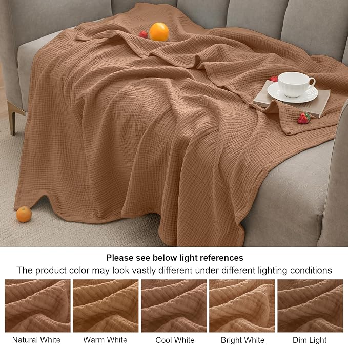 PHF 100% Cotton Muslin Blanket King Size 108"x90", 4-Layer Lightweight Gauze Throw, Breathable Cloud-Soft Minimalist Blanket for Bed, Couch, Camping & Baby, Clay, Ideal Gift