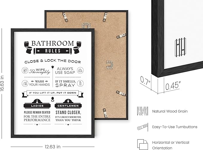 HAUS AND HUES Funny Bathroom Signs & Decor | Toilet Rules Wall Art, Black Framed Funny Guest Bathroom Poster | 12"x16"