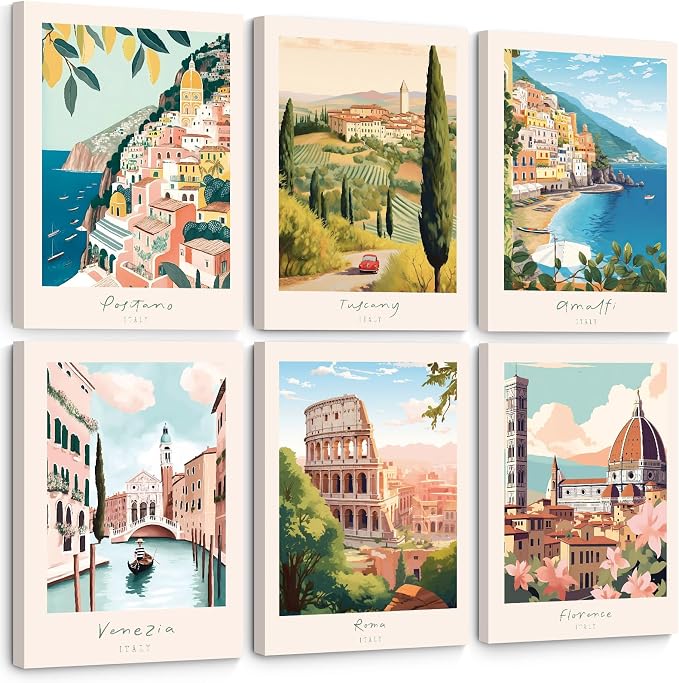 Tocliky Italian Italy Wall Art Decor Amalfi Coast Travel Poster Italy City Canvas Wall Art Vintage Landscape Beach Painting Artwork Modern for Bedroom Living Room 12x16 Prints Wrapped Canvas Set of 6