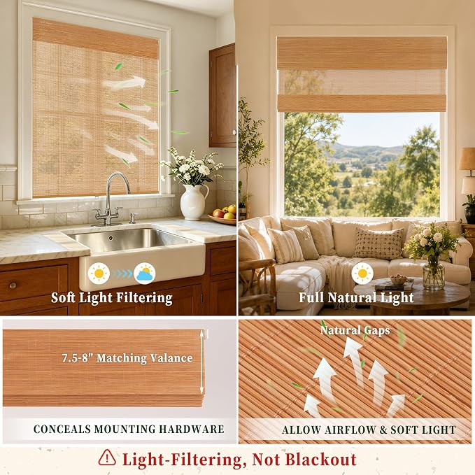 HESTIA No Drill Cordless Bamboo Roman Shades with Matching Valance, Light Filtering Natural Woven Roll Up Blinds for Living Room, Dining Room, and Sunroom, 35" W X 64" H