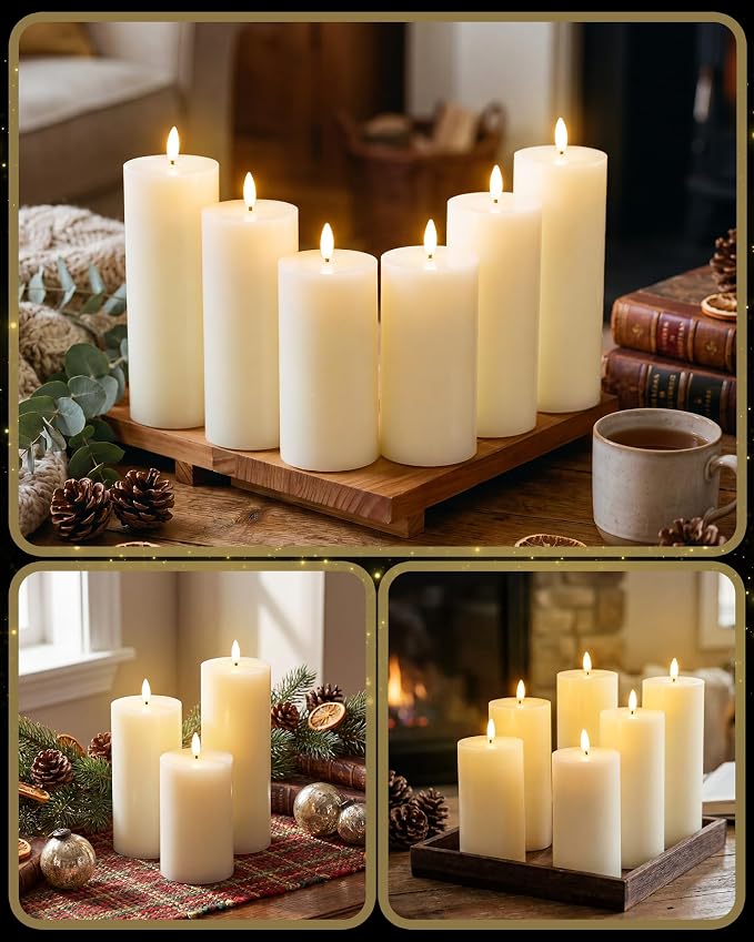 VIHOSE 6 Pack Lvory White Flameless Candles Set with Remote and Timer Flickering Flameless Battery Candles Flat Top LED Pillar for Wedding Outdoor Home Festival Decoration(D 3'' H 6'' 7'' 8'')