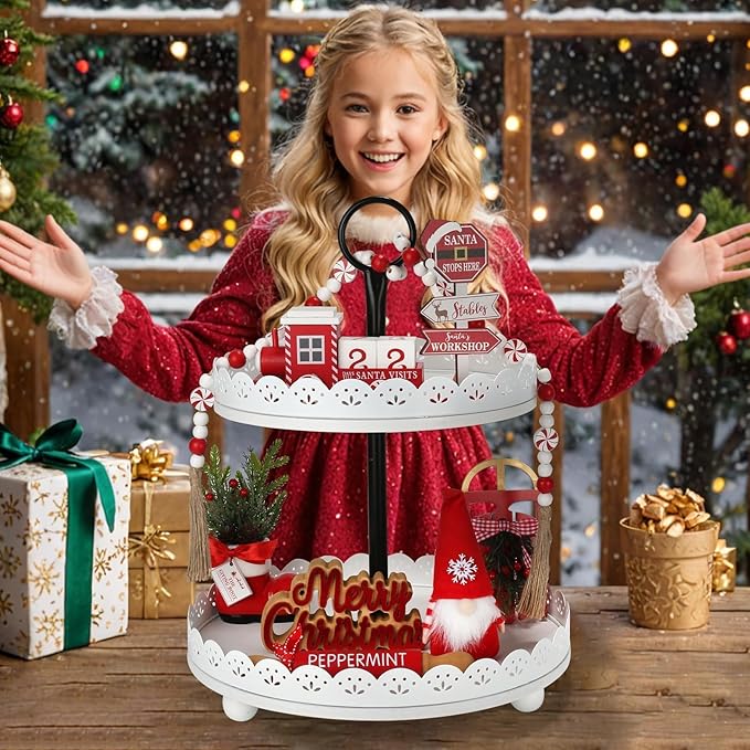 Christmas Decorations 8 PCS Tiered Tray Decor Set, Cute Tabletop Christmas Decor for Home Office Shelf Mantel Coffee Bar Xmas Table Centerpieces Tray Objects Holiday Decoration Set