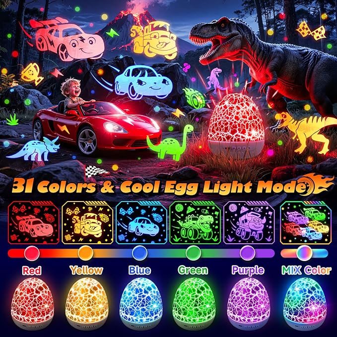 PIKOY Toddler Toy Cars Toy Projector | 6HD Films+15 Sounds+31 Colors+Remote Control+360°Rotating | Egg Light for Nursery Toy Cars for Toddlers 1-3 Toys for Boys Age 4-7 Boy Birthday Gifts 1-8 Years
