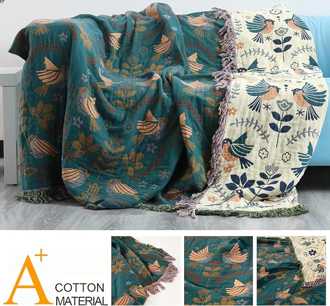 Boho Throw Blanket for Bed Couch,100% Cotton Reversible Summer Quilt, Birds and Floral Breathable Muslin Blankets,90"×108" Extra Large Lightweight sofa Throws for 3 4 Seater with Tassels,Teal