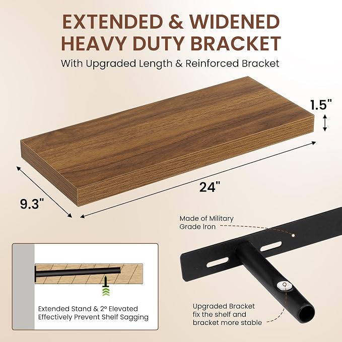 Dreamland 24 Inches Floating Shelves for Wall,9.3" Deep Long Floating Shelves Set of 2,Large Display & Storage Shelf,Wall Shelf for Bathroom Bedroom Living Room Kitchen Office,Walnut