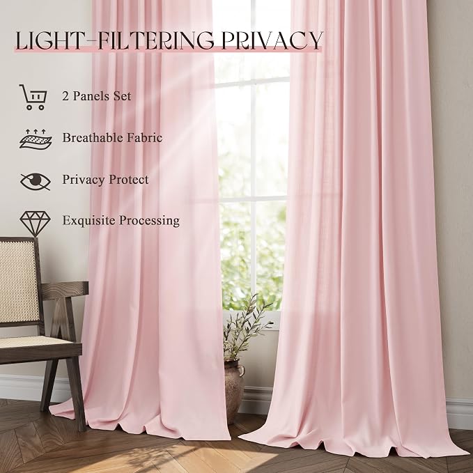 Jowels Pink Linen Curtains 82 Inch Long 2 Panels for Living Room | Light Filtering Semi Sheer Curtain, Back Tab Pocket Pleated Look, Boho Farmhouse Textured Privacy Drapes for Bedroom Window