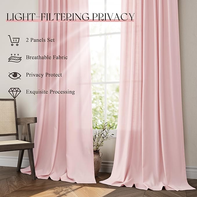 Jowels Pink Linen Curtains 48 Inch Long 2 Panels for Living Room | Light Filtering Semi Sheer Curtain, Back Tab Pocket Pleated Look, Boho Farmhouse Textured Privacy Drapes for Bedroom Window