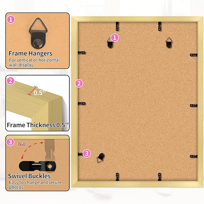 12x16 Picture Frame, 12 x 16 Gold Frame with HD Plexiglass, Display Pictures 8.5x11 with Mat or 12x16 Without, Wall Hanging Photo Frame Poster Frames for Home Office Gallery Decor, 2 Pack