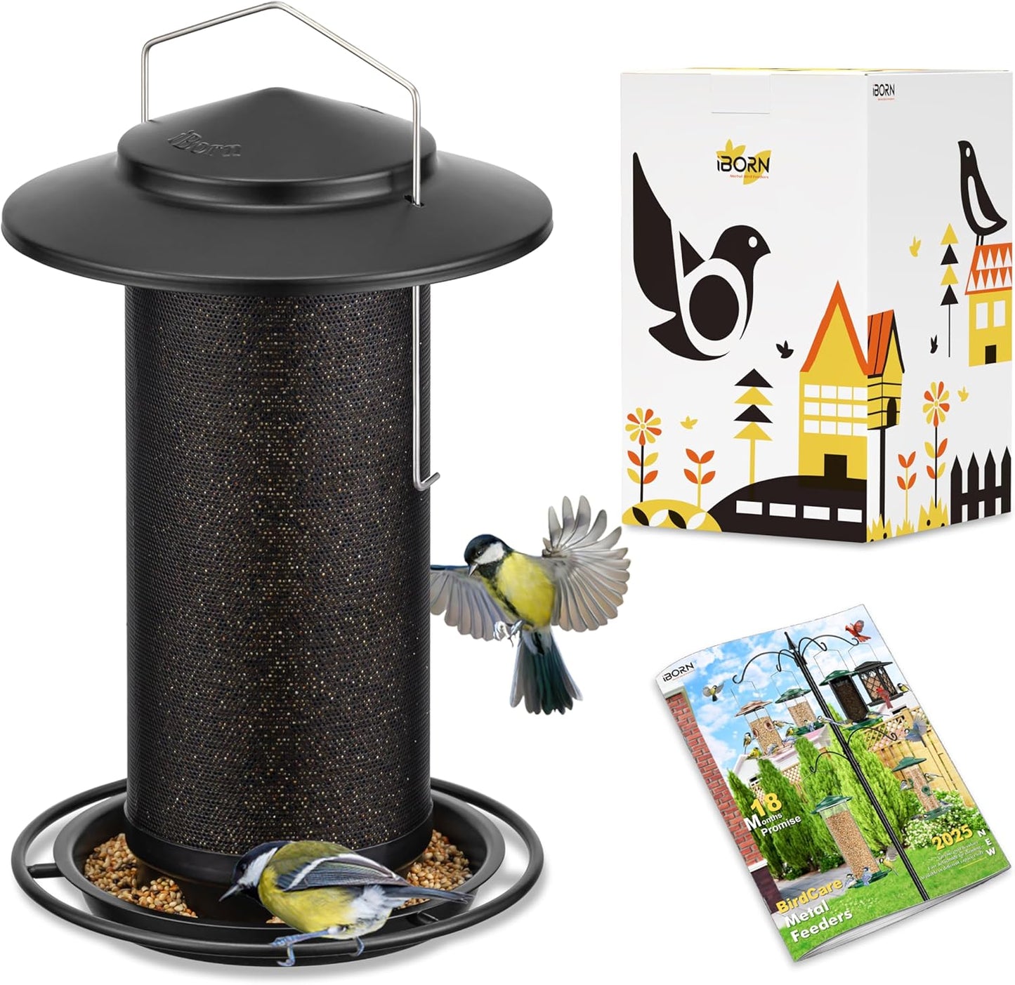 iBorn Bird Feeders for Outdoors, All Metal Mesh Tube, Holding Bird Seed for Outside Feeders,18cm Large Roof, Black, 2.8lb(Seed is not Included)