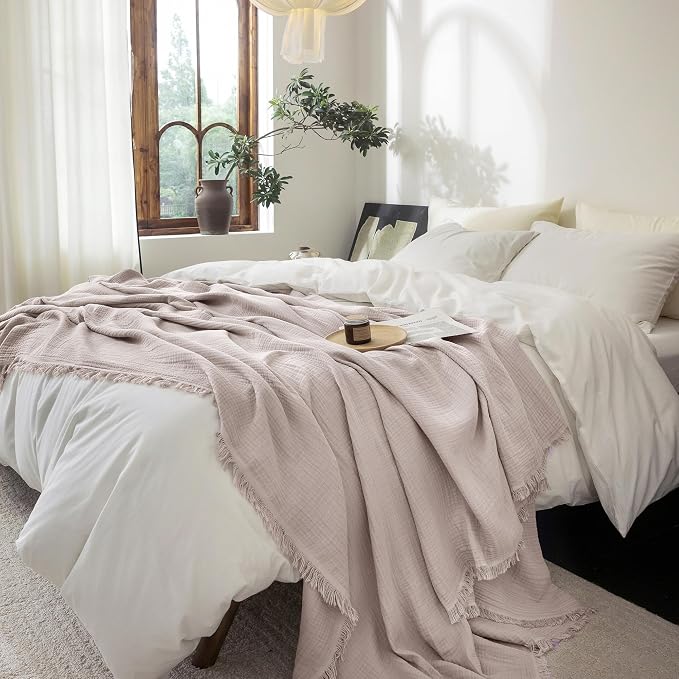 FOSSA Muslin Blanket 4-Layer 100% Cotton Gauze Blanket with Fringe 90"x90" | Super Soft Breathable Lightweight All Season & Decorative Blanket or Bed, Sofa, Office (Greyish Pink,Queen)