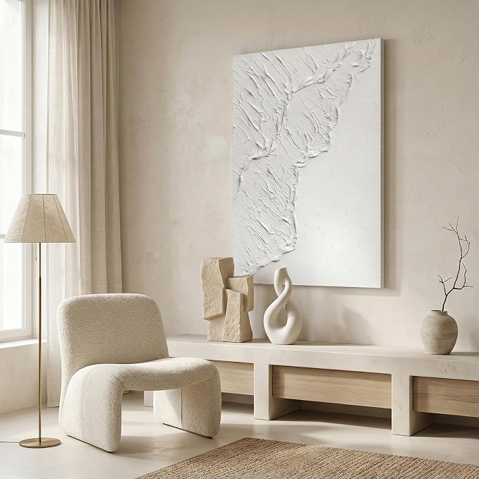 Abstract Ocean Wave Canvas Vertical Wall Art, Modern Textured Oil Painting | Minimalist Vertical Canvas Artwork for Living Room Bedroom Office Neutral Hand-Painted White Wall Art Contemporary Home Decor