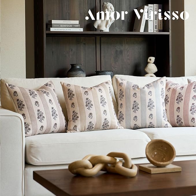 Amor Virisso Floral Throw Pillow Covers 20x20 Set of 2 Block Print Pillow Covers Neutral Floral Striped Farmhouse Decorative Pillow Covers for Sofa Couch Bed, Dusty Green