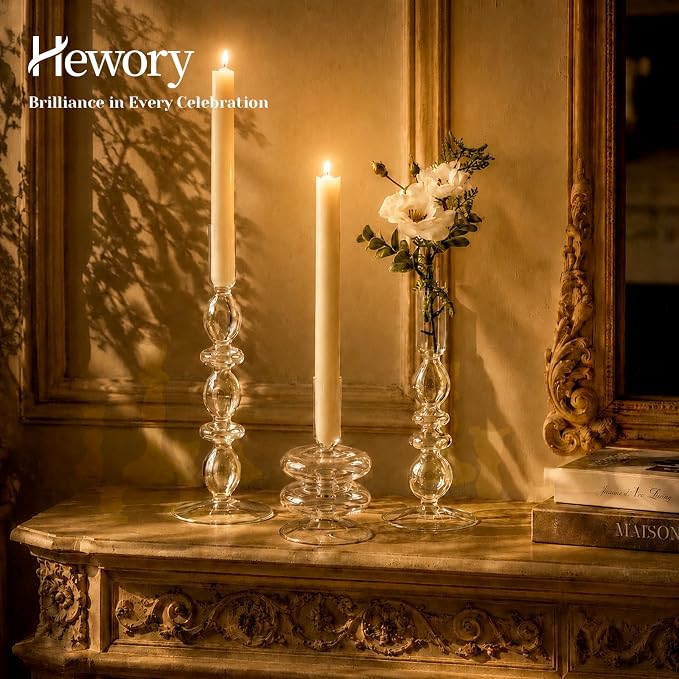 Hewory Glass Candlestick Holders: Clear Glass Taper Candle Holders Set of 3 Vintage Candle Stick Candle Holder, Colorful Glass Candle Holders for Table Centerpiece, Wedding, Dinner, Party, Home Decor