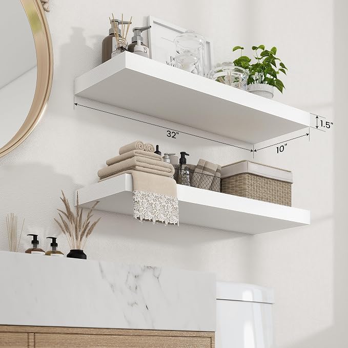 Axeman 32Inch Floating Shelves for Wall, 2 Pack Shelves for Bedroom, Bathroom, Kitchen, Hanging Wall Mounted Rustic Wood Shelf with Invisible Brackets for Books Decor, White