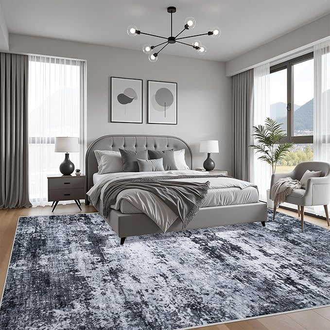 5x7 Area Rug Living Room Rug: Washable Modern Abstract Soft Thin Rug Indoor Floor No Slip Stain Resistant Carpet for Bedroom Dining Room Farmhouse Nursery Home Office - Black