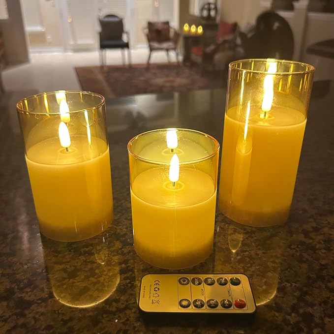 LinYang Vanilla Scented Flameless LED Candles, Set of 3 | Luxury Sented Flameless Candle Set