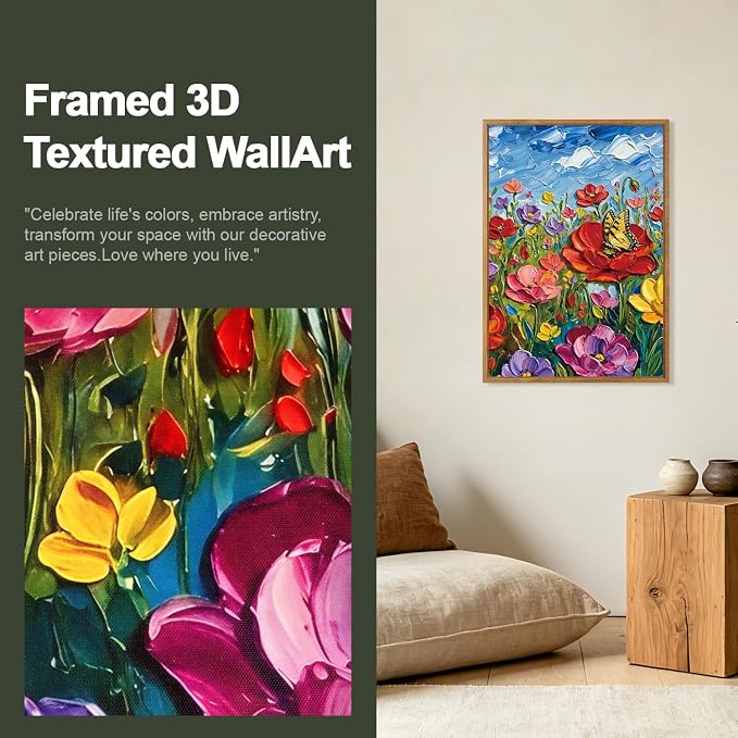 CHDITB 3D Textured Impasto Floral Poppy Framed Canvas Wall Art Set,Modern Butterfly Wildflower Country Wall Decor,Vibrant Colorful Spring Flower Art Prints for Living Room Bedroom Farmhouse 16"x24"x3