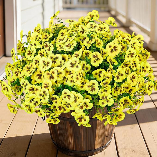 24 Pcs Artificial Fake Pansy Flowers for Outdoor,Faux Silk Plants Flowers UV Resistant Pansies Spring Flowers for Planter Front Door Porch Yard Patio Garden Window Box Home Decor(Yellow)