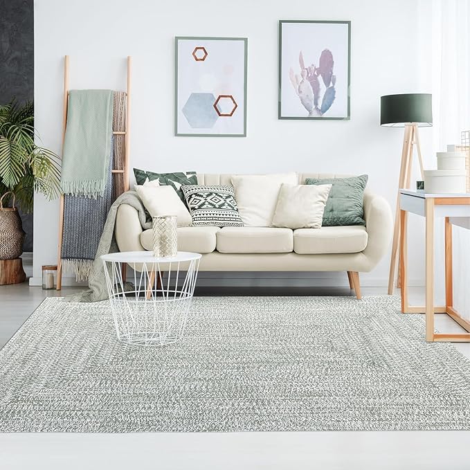 Superior Indoor Outdoor Braided Area Rug, Reversible Dual-Tone Home Floor Decor for Kitchen, Entryway, Patio, Front Porch, Deck, Modern, Boho, Farmhouse Style, 8' x 10', Fog Green/White