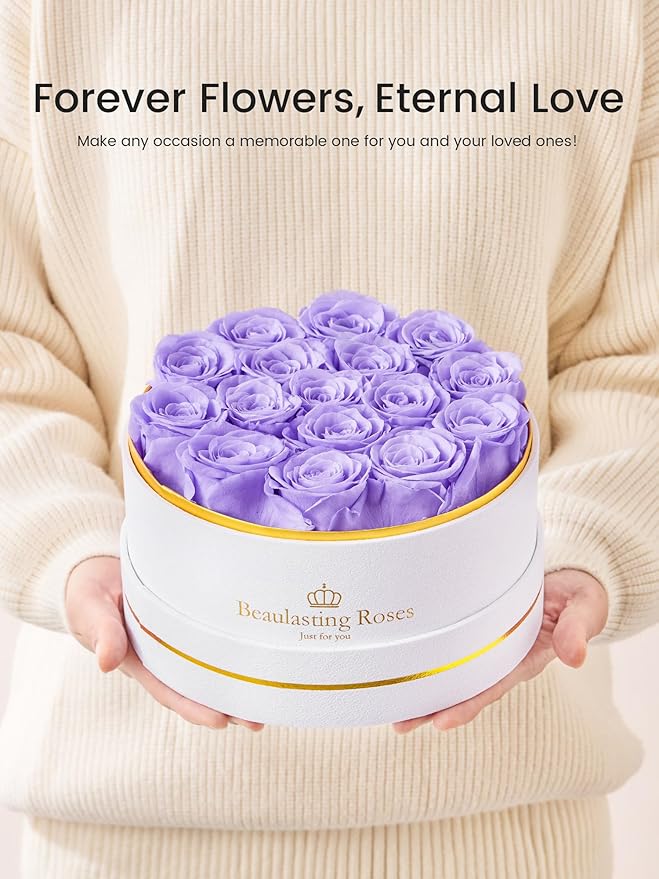 16 Preserved Roses Forever Flowers Real Roses in a Box Mother's Day Birthday Flowers for Her Mom Women Wife Valentine's Day, Light Purple Roses