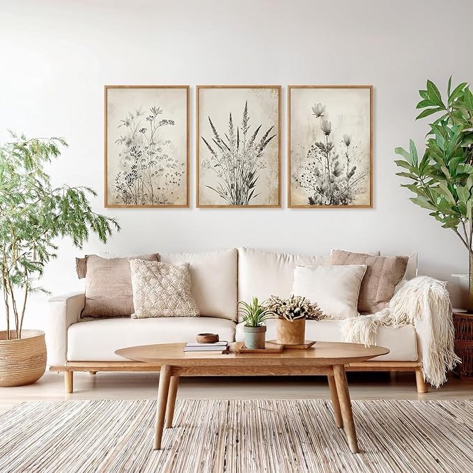 HOURIA 3Pcs Large Vintage Black White Botanical Floral Framed Canvas Wall Art Set(16"x24"),Retro Farmhouse Wildflower Wall Decor Rustic Minimalist Plant Flower Art Prints for Living Room Bedroom Office