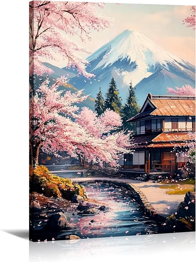 Japanese Wall Art Asian Landscape Canvas Prints Pink Cherry Blossom Trees with Cabin Picture Nature Painting for Bathroom Living Room Bedroom Modern Home Office Wall Decor(Art-3,24.00x36.00 inch)