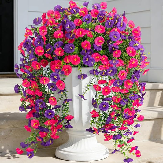 Fake Artificial Hanging Morning Glory Flowers for Outdoor Planters Porch Pation Decoration,2 Bundles UV Resistant Silk Faux Flowers with Realistic Eucalyptus Plants for Home Office Garden Decor