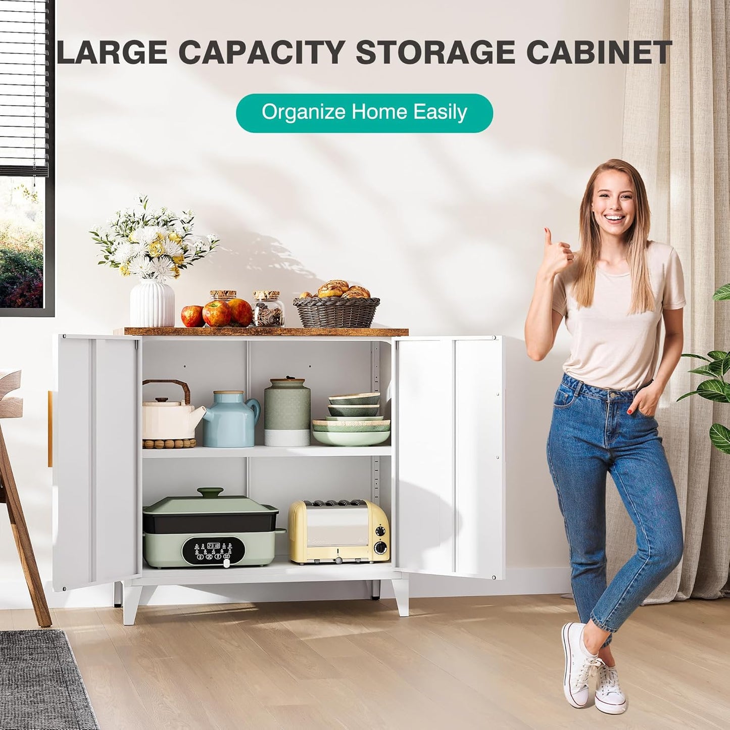 SISESOL White Storage Cabinet with Doors and Shelves,30 inch Small Pantry Cabinet Sideboard with Leg,Accent Cabinets with Storage,Side Floor Cabinets for Home,Kitchen,Coffee Bar,Dining/Living Room