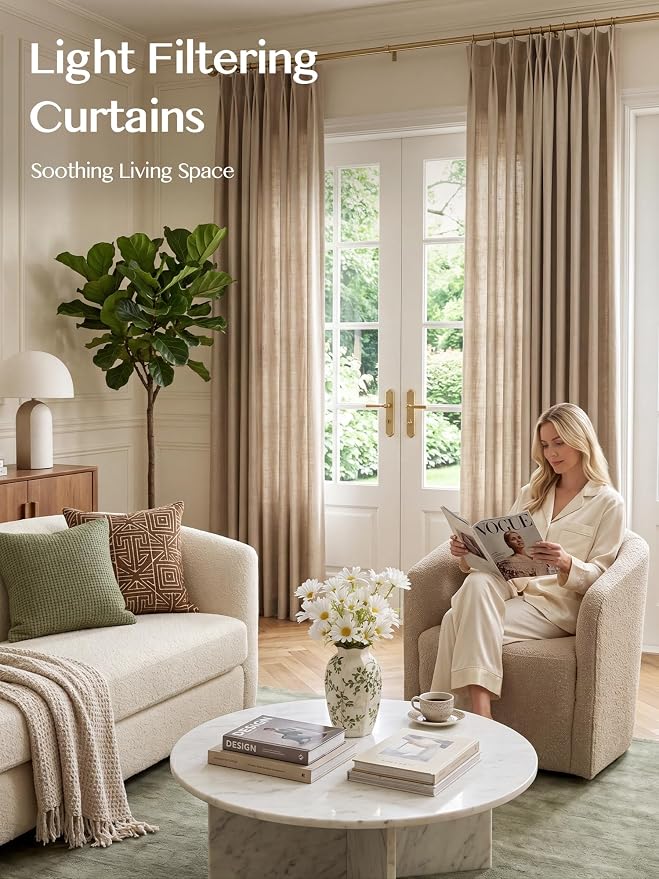 Liz Pinch Pleated Linen Curtains Light Filtering Curtains for Living Room, Farmhouse Window Curtains for Bedroom, Modern Drapes with Hooks and Rings, 102 Inches Long, Taupe Grey, 2 Panels Set